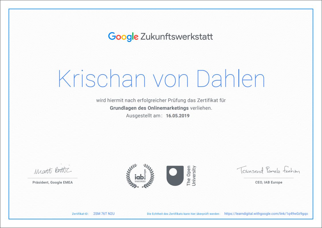 Krischan von Dahlen | Google Zertifikat | Online Marketing